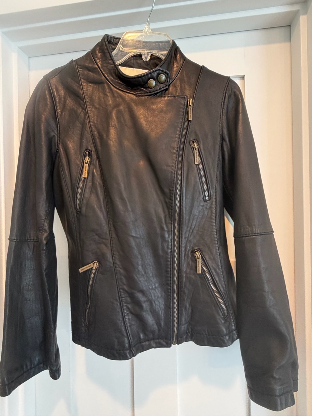 Michael Kors Black Leather Moto Jacket with Asymmetric Zip